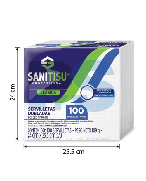 Servilleta Sanitisu Blanca 24 cm x 25.5 cm x 100 uds