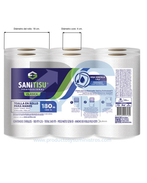Toalla Manos Blanca Sanitisu x 6 rollos x 18O m C/rollo