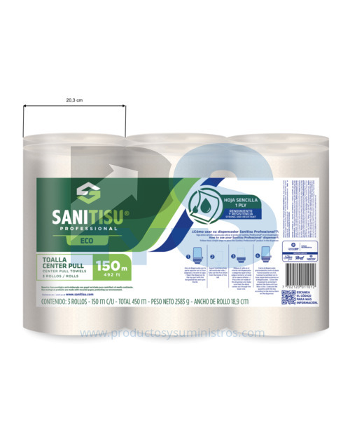 Toalla para Manos Natural Sanitisu Cent Pull x 6 Rollos x 150 mts/rollo