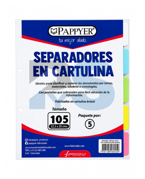 Separador Cartulina Colores Ref. 105 x 5 Unidades