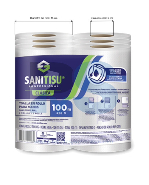 Toalla Manos Sanitisu 2H Blanca x 100 Mts  x 6 Rollos