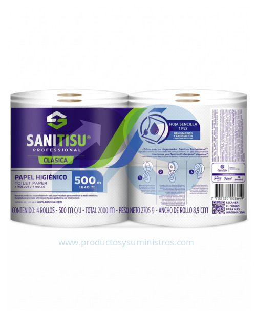 Papel Higiénico Jumbo Blanco Sanitisu x 4 Rollos x 500 m