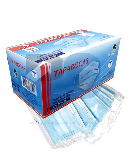 Tapabocas Facial Azul con Elástico Empaque Individual x 50 uds