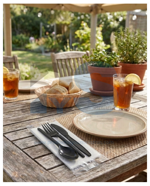 Set Darnel Negro Tenedor + Cuchillo + Cuchara Sopera + Servilleta x 500 Paquetes